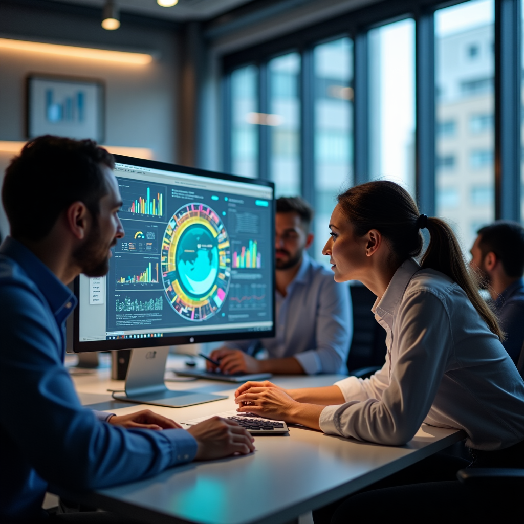 Team di analisti al lavoro su dashboard di dati